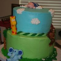 Jungle Baby Shower Cake 10 in and 8 in cakes. Iced in buttercream with fondant accents. Pretzel rods for trees.