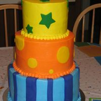 Primary Color 1St Birthday Cake 10, 8, and 6 in cakes. Iced in buttercream with fondant accents.