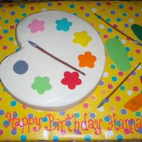 Painting Party Birthday Cake WASC rainbow cake with fondant details and brushes.