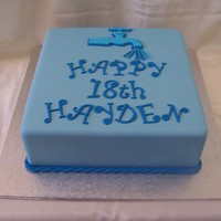 Square Blue Birthday Cake For A Plumber 10 inch caramel mud cake covered in blue fondx. THemed for a friends son who has recently become a plumber