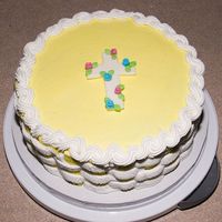 Baptism Cake this cake was for my husband's cousin's daughters baptism it is a yellow and white basketweave with fondant cross and rosettes....