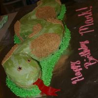 Front View Of 3D Snake 3D Snake Cake. Front is yellow cake with sliced strawberries and whipped strawberry filling. Back is chocolate cake with buttercream...