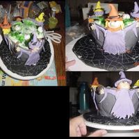 Witches Brew fondant witches, cauldron made of chocolate cake, brew is green jello mixed with bc. Worms and eye balls are store bought candy