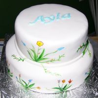 Handpainted On Fondant handpainted flowers on fondant, over buttercream, with buttercream transfer lettering on top. Special birthday remembrance cake.