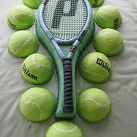 Tennis Racket Cake The racket was white cake covered in fondant, and the tennis balls are chocolate cake with peanut butter buttercream, covered in fondant...