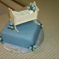 Picture_090.jpg Fondant covered with chocolate cradle. Crib matress/pillow was made from large marshmallows covered in fondant. Artificial flowers and...