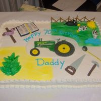 Multi Theme Birthday Cake This cake was made for a fathers 70th Birthday. Each section represented things that he has done in his lifetime. Tobacco, Church, Cattle,...