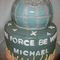 Michael's Death Star Vanilla cake with bc icing, mmf accents. Death Star is sports ball pan on top of 8" round.