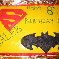 Superman And Batman This is my nephew Caleb's birthday cake. I was in a big rush and it isn't one of my best but he loved it anyway.