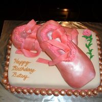 Ballet Point Shoes Chocolate cake shoes and chocolate cake with chocolate mousse filling. All covered in fondant and shoes sprayed sparkling pink.