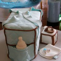 Baby Shower Diaper Bag Cake 3D Blue & Brown With Baby Bottle View This is the side view of the diaper bag cake since the front view did not show the baby bottle. The bottle is made of rice krispie treats...