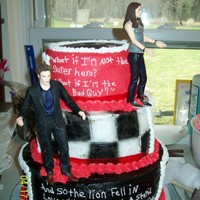 My Daughters 7Th Birthday This is a 3 teired Twilight cake all edible except the dolls. The images are edible. Chocolate and vanilla with BC. Took al long time to do...