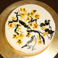 Three Birds & Flower Cake (2) This is the second picture of the three birds to which, I added a tree branch with yellow flowers. All was rendered by hand with liquid...