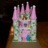 My Very First Castle Cake 3 layer 8 inch square, 2 layer 6 inch round, ice cream cones. covered with butter cream icing. made for a friends little girl . She loved...