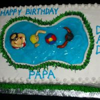 Swimming Pool Cake Chocolate cake covered in buttercream with handmade fondant figures.