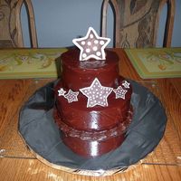 Chocolate Ganache my first ganache cake. dark chocolate cake with poured chocolate ganache. ooey gooey goodness. the stare were made from candymelts