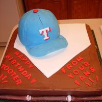 Texas Rangers Fan Birthday cake for a big Texas Rangers fan turning 40-something. His Mom said he would not let anyone cut the cap. He took it home to put in...