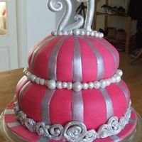 21St Birthday Two layer chocolate cake, carved to be circular, pink fondant covering and silve and pearl lustre decorations.