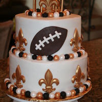 Saints Birthday Cake buttercream cake with fondant dusted balls as border and candy fleur-de-lis painted with gold dust in vodka. This was a birthday cake for a...