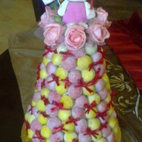 Hello Kitty Theme Cake Ball Tower. all the cake balls are dipped in white chocolate that I tinted then rolled in colored sugar. fabric bows are placed through out and the...