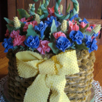 Spring Basket Chocolate Fudge Cake with Fudge Icing. Fondant Flowers on top with gumpaste/fondant caterpillars.