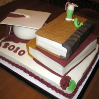 Jacklyns' Graduation Cake I did this cake for my grandaughters grad party. Cap, books and bookworm are fondant/gumpaste. Sheet cake iced in buttercream.