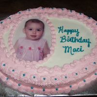 Pink First Birthday First birthday cake for a friend's daughter. Incorporated a recent photo and decorated the cake to compliment the little girl's...