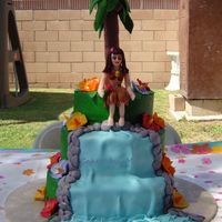 Hula Girl WASC cake with pineapple filling on first and 3rd tier and banana cake and fresh banana filling on 2nd cake and pineapple BC frosting. Doll...