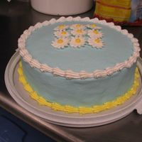10 Inch Daisy Round This is a 10 inch cake frosted in light blue buttercream, decorated with Royal daisies and a yellow shell border.