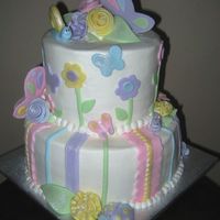 Butterflies And Bugs This is a buttercream cake with fondant accents for a baby shower.