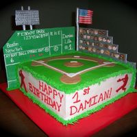 Fenway Park This is a square cake with two walls made from fondant. The faces, flag, and lights are also fondant. On the sides of the cake I use a...