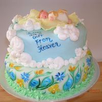 Angel Baby In The Clouds And Painted Flowers Painted Flowers on Fondant with Fondant Angel Baby and Buttercream Clouds