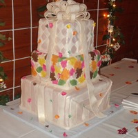 Fall Or Autumn Leaves Stacked Presents Wedding Cake Leaves and ribbons are gumpaste. Cake is 3 stacked tiers - 14 inch, 10 inch, 8 inch. Each tier had 3 cake layers. Leaves were veined....