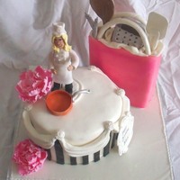 Chef Cookingtheme With Gumpaste Peony, Copper Pot, Chef Figurine, Kitchen Tools In Shopping Bag The black and white striped pseudo hatbox is a 9 inch two tiered cake. The shopping bag is fondant covered rice krispy treats. All...
