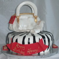 Purse, Shoe, Zebra Striped Fashionista Cake Cake base is 12 inch round two layer cake. Purse is super pearl dusted fondant covering rice krispy treats structure. Purse handles are...