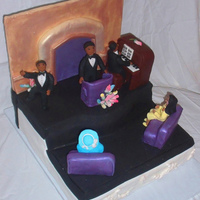 Church Scene With Preacher, Congregation, Stage, Piano, Podium, Pews, Flowers Base cake is single layer 14 inch by 14 inch square with single layer 7 inch by 14 inch rectangular on top for raised stage. Stage back...