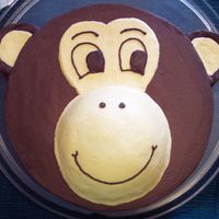 Monkey Monkey cake made from 12 inch round and half of sports ball pan, used a glass to cut around for the ears.