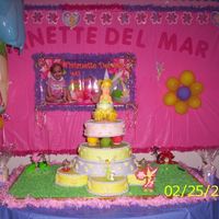 Tinkerbell Cake This is the 1rst Year Cake for the birthday of my daugther ... Is about 8 cakes in total.... the color balls is white chocolate balls and...