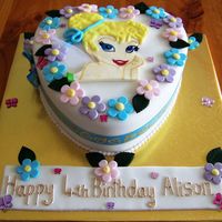 Alison Buttercake with fondant icing. Plaque was made out of sugarpaste, let dried then painted on it. Flowers are sugarpaste.