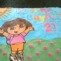 Happy Birthday From Dora The Explorer Made this cake for my little one's 2nd birthday. The Dora and the text are done with the frozen buttercream transfer method.