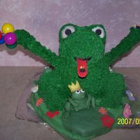 3D Frog The frog is a pound cake covered with butter cream icing, He is sitting on a white cake made from a heart pan. The small frogs are fondant...