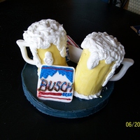 Beer The tray and mugs are both cake. They are covered in buttercream.