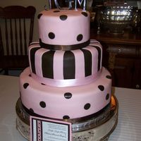 Pink & Brown Wedding Cake Each tier is 3 layers high. The Bride wanted it to stand really tall. It is covered in MMF. The brown fondant was really difficult to get...