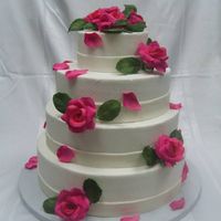 Shower Of Petals 4 tier 14 -12-10-6 all buttercream with fondant ribbon border on each tier. Hot Pink Gumpaste Roses and adorned with 30 hot pink gumpaste...