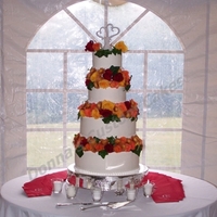 Karen & Chris Vanilla & Choc. flavored cakes, Maple, raspberry, van & choc BC fillings, iced w/ van. bc, used fresh roses & mums for deco. I...