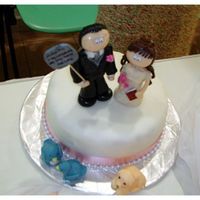 Top Tier Of Wedding Cake White fondant over fruitcake, baked by the bride (the first wedding cake she'd ever done). Decorated with fondant bluebirds and lab (...