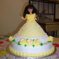 100_1369.jpg My daughter's 2nd birthday cake. wilton wondermold pan with doll pick set on top of 10 in round. Covered in cornelli lace. Roses in...