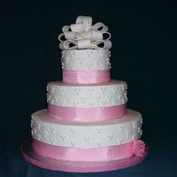Resizeddottedswiss.jpg dummy cake done for bridal show. dotted swiss pattern, ribbon border and fondant bow