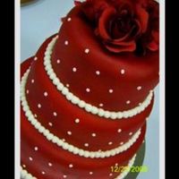 Red...red....wine 3 tier chocolate cake with raspberry/bc filling. fondant covered airbrushed with wht swiss dots and silk flower topper.