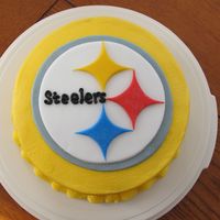 Here We Go, Steelers! Dark chocolate cake with gold BC. Every slice will be black-n-gold! Seal is fondant with shimmer dust and (poor) BC lettering.